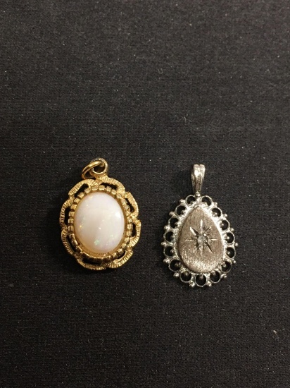 Oval & Teardrop Shaped Fashion Alloy Pendants, One w/ Oval Opal Accent & One w/ Round Diamond