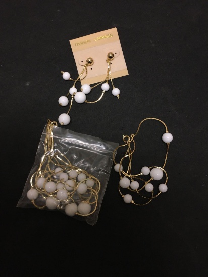 Matched Set Designer Gold-Tone w/ White Bead Jewelry, One 22in Necklace, 8in Bracelet & Pair of