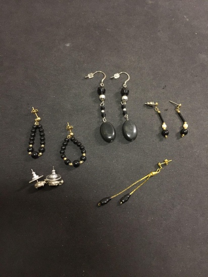 Black Faceted Gemstone & Bead Accented Pairs of Fashion Alloy Earrings, One Single Mismatched