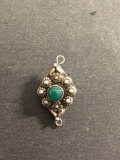 Diamond Shaped 23x16mm Indonesian Styled Sterling Silver Pendant w/ Twin Green Onyx Cabochon Accents