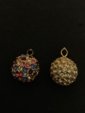 Round 18mm Rhinestone Studded Ball Pendants, One w/ Clear Stones & One Multi-Colored