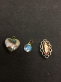 Various Size & Style Abalone Inlaid Fashion Pendants, One Heart, Filigree Marquise & Petite Hexagon