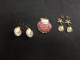 Seashell Motif Jewelry Items, Two Pairs of Drop Earrings & One Genuine Clam Shell Pendant