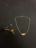 Various Size & Style Gold-Tone Jewelry Items, Two Tie Pins, One Gemstone Pendant & One ID Tag