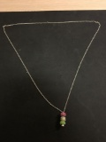 Three Green & Pink Rhinestone Encrusted Sterling Silver Beads Hung from 32in Long Cable Chain