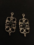 Matched 1.5in Long Nickel Silver Filigree Decorated Oval Cabochon Accented Pendants
