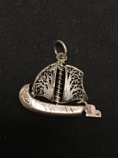 Portuguese Made 0.75in Tall Handmade Milgrain Filigree Decorated Viking Style Sailing Ship Sterling
