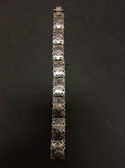 Siam Designer Mekhala Goddess Motif 20mm Wide 7in Long Oxidized Sterling Silver Link Bracelet