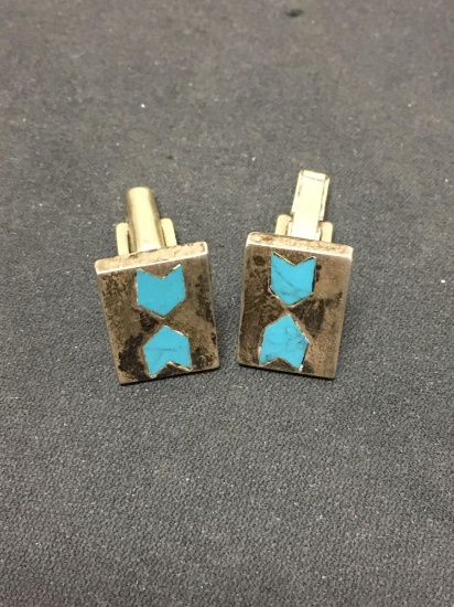 Taxco Mexican Designer Turquoise Inlaid Rectangular 18x13mm Sterling Silver Pair of Cufflinks