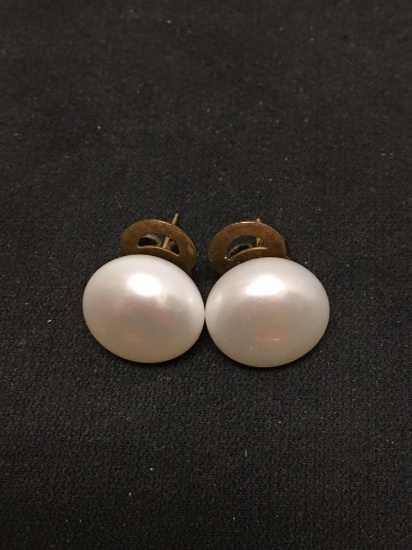 Round 12mm Pearl Button Pair of Earrings w/ 14Kt Gold Post & Backs