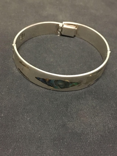 Taxco Inlaid Abalone Solid Sterling Silver Bangle Cuff Bracelet - 31 Grams