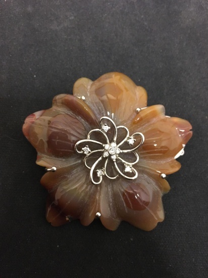 WOW Orange Amber JADE Sterling Silver 2.5" Flower Pendant From Estate - 40 Grams