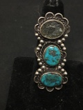 WOW Old Pawn Native American Large Turquoise Chunk Sterling Silver Tall Ring Sz 7