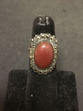 Vintage Carnelian & Marcasite Lined Sterling Silver Ring Size 4.5