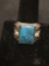 M-H Signed Sterling Silver Turquoise & Clear Gemstone Large Mens Ring Size 12
