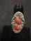 Signed Navajo Native American Sterling Silver & Red Coral Ring Size 5