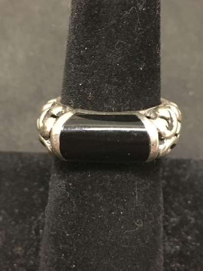 Bali Style Black Onyx Sterling Silver Scroll Style Ring Size 6