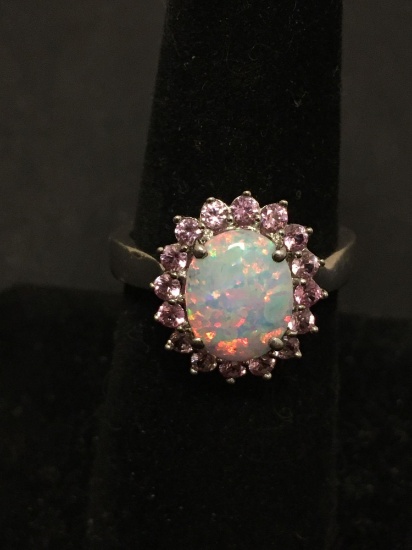 Fire Opal & Pink Gemstone Halo Sterling Silver Cocktail Ring Sz 7
