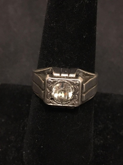 Large Rhinestone Vintage Deco Style Sterling Silver Ring Size 7