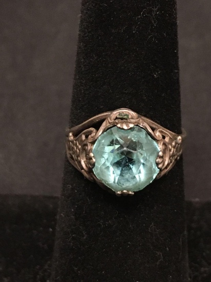 Antique Large Blue Rhinestone Sterling Silver Ring Size 6