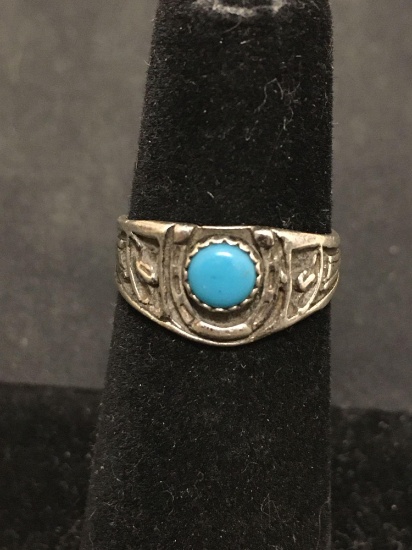 Horseshoe Turquoise Sterling Silver Carved Native American Ring Size 4.5