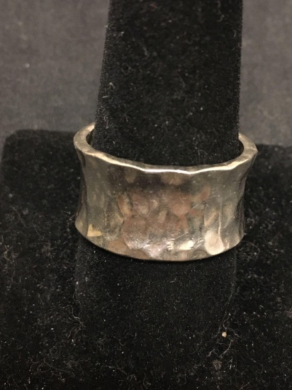 Wide Band Heavy Hammered Sterling Silver Modernist Ring Size 11