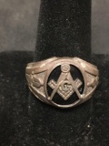 BASCH Sterling Silver Masonic Black Onyx Large Vintage Ring Size 11