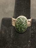 Old Pawn Carved Green Marble Vintage Sterling Silver Ring Size 10