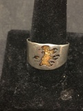 Vintage Native American Inlaid Gemstone Chip Motif in Flames Sterling Silver Ring Sz 12.5