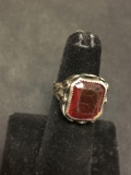 Antique Large Maroon Gemstone Hand Crafted Sterling Silver Ring Size 5