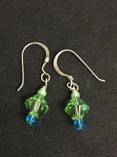 Briolette Faceted Green Beaded 1.25in Long Pair of Handmade Sterling Silver Earrings