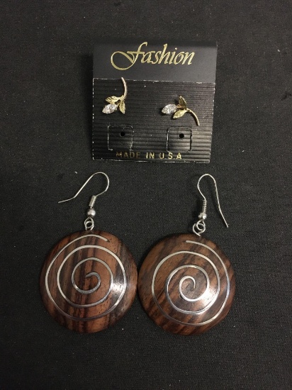 Lot of Two Alloy Pairs of Earrings, One 30mm Round Spiral Wood & Marquise Faceted CZ Studs
