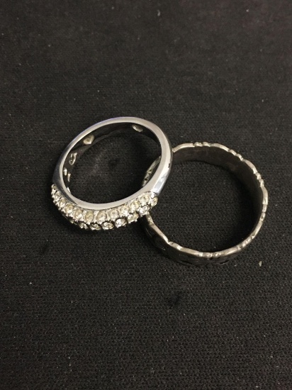 Lot of Two Alloy Ring Bands, One 6mm Wide Floral Motif & 3mm Wide Rhinestone Accented