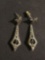 Marcasite Accented w/ Round Onyx Center Old Pawn Vintage 1.75in Long Drop Pair of Earrings