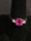 Round Faceted 8mm Pink CZ Center w/ Twin White CZ Sides Signed Designer Three-Stone Sterling Silver