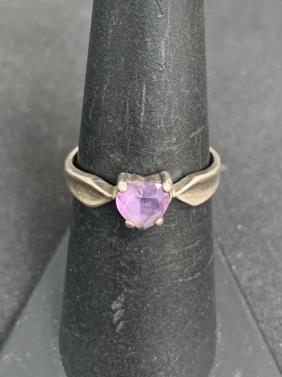 Heart Faceted 5.5x5.5mm Amethyst Center Groove Pinched Shoulder Signed Designer Sterling Silver Ring