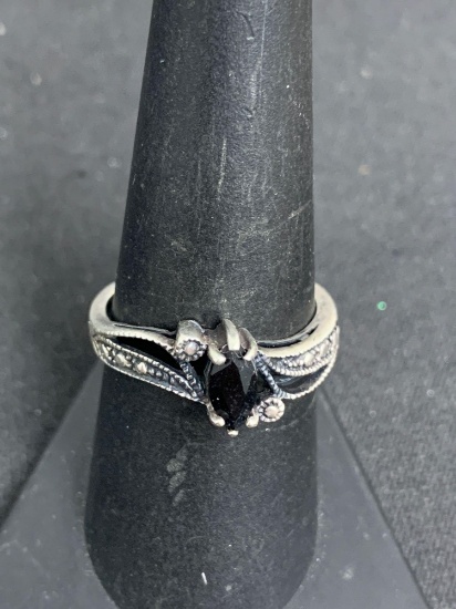 Marquise Faceted 7x3mm Onyx Center Antique Finished Old Pawn Vintage Sterling Silver Ring Band