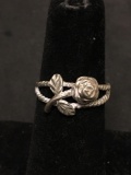 Carved Rosebud Design 9mm Wide Tapered Rope Detailed Split Shank Signed Designer Sterling Silver