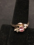 Oval Faceted 6x4mm Pink CZ Center w/ Round White Accents 10mm Wide Tapered Bypass Signed Designer