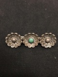 Old Pawn East Indian 38x12mm Detailed Sterling Silver Brooch w/ Turquoise Cabochon Center