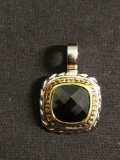 Cushion Checkerboard Faceted 12x12mm Hematite Two-Tone Sterling Silver Detailed Pendant Enhancer