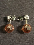 Round 10mm Briolette Orange Gemstone Drop w/ Round CZ Accent 25mm Long Pair of Sterling Silver Drop