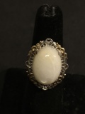 Oval 18x13mm White Gemstone Cabochon Center 26mm Wide Top Vintage Old Pawn Sterling Silver Ring Band