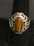 Oval 14x7mm Tiger's Eye Cabochon Center Filigree Scroll Decorated 20mm Wide Tapered Signed Designer