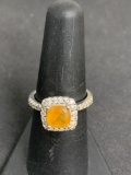 Cushion Faceted 7x7mm Citrine Center w/ CZ Halo & Shoulders Signed Designer Sterling Silver Ring