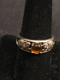 Round 6mm Amber Cabochon Center Elephant Motif w/ Diamond Eye Accents Old Pawn Signed Designer