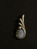 High Polished Old Pawn 26x10mm Signed Designer Sterling Silver Pendant w/ White 10x8mm Oval Cabochon