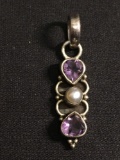 Twin Pear Faceted 6x6mm Amethyst w/ Round Pearl Center Old Pawn Vintage 30x9mm Sterling Silver