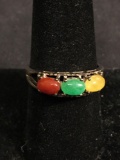Three Horizontal Set Oval Cabochon Yellow, Green & Amber Colored Avon Designer Sterling Silver Ring
