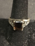 Emerald Cut Faceted 10x8mm High Set Smokey Quartz Center Filigree Heart Decorated Old Pawn Vintage